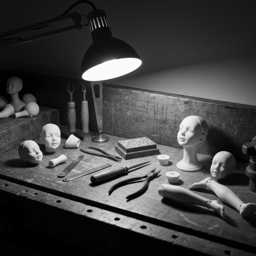 Artisan workspace with doll-making materials